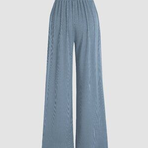 Dusty Blue Cider Wide Leg Ribbed Palazzo Pants